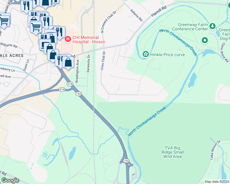 map of restaurants, bars, coffee shops, grocery stores, and more near 2353 Crescent Club Drive in Chattanooga