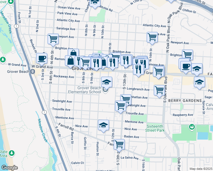 map of restaurants, bars, coffee shops, grocery stores, and more near 1095 Longbranch Avenue in Grover Beach