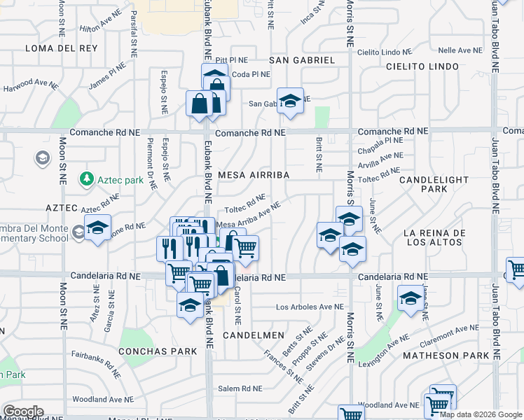 map of restaurants, bars, coffee shops, grocery stores, and more near 9913 Mesa Arriba Avenue Northeast in Albuquerque