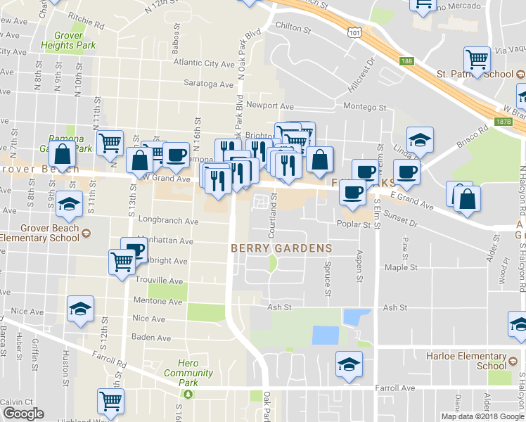 map of restaurants, bars, coffee shops, grocery stores, and more near 1517 Elderberry Court in Arroyo Grande
