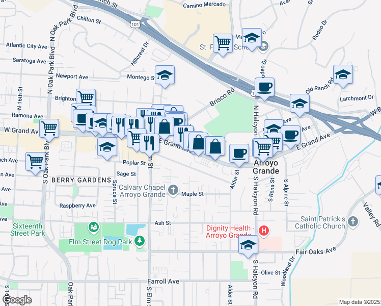 map of restaurants, bars, coffee shops, grocery stores, and more near 1119 East Grand Avenue in Arroyo Grande