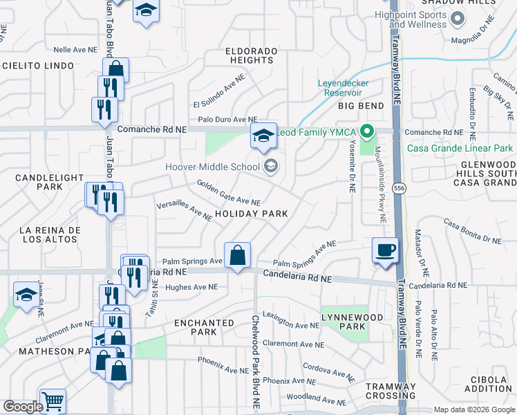 map of restaurants, bars, coffee shops, grocery stores, and more near 12012 Golden Gate Avenue Northeast in Albuquerque