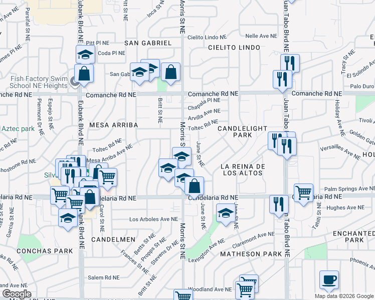 map of restaurants, bars, coffee shops, grocery stores, and more near 3300 Morris Street Northeast in Albuquerque