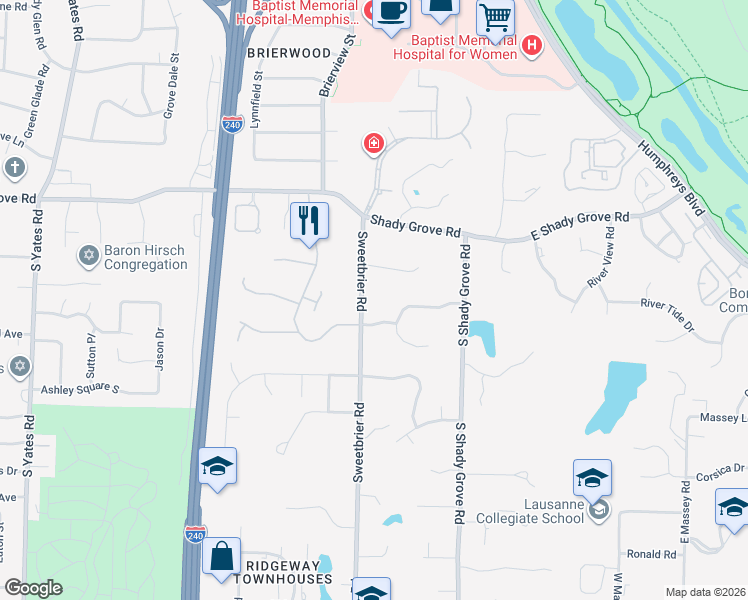 map of restaurants, bars, coffee shops, grocery stores, and more near 424 Sweetbrier Cove in Memphis