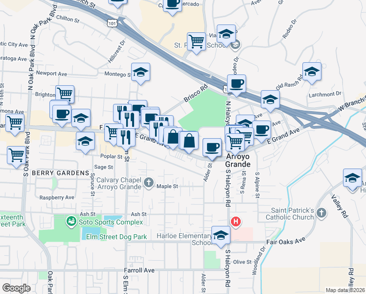 map of restaurants, bars, coffee shops, grocery stores, and more near 1064 East Grand Avenue in Arroyo Grande