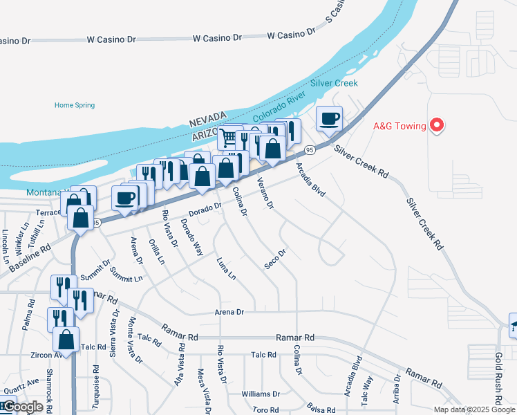 map of restaurants, bars, coffee shops, grocery stores, and more near 1465 Verano Court in Bullhead City