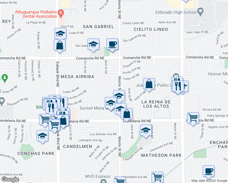 map of restaurants, bars, coffee shops, grocery stores, and more near 3324 Betts Drive Northeast in Albuquerque