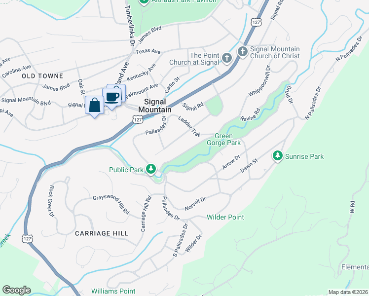 map of restaurants, bars, coffee shops, grocery stores, and more near 817 Ravine Road in Signal Mountain