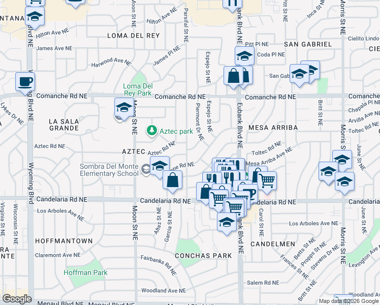 map of restaurants, bars, coffee shops, grocery stores, and more near 9400 Alta monte Avenue Northeast in Albuquerque