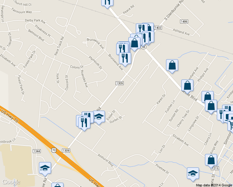map of restaurants, bars, coffee shops, grocery stores, and more near 1319 South Glenburnie Road in New Bern