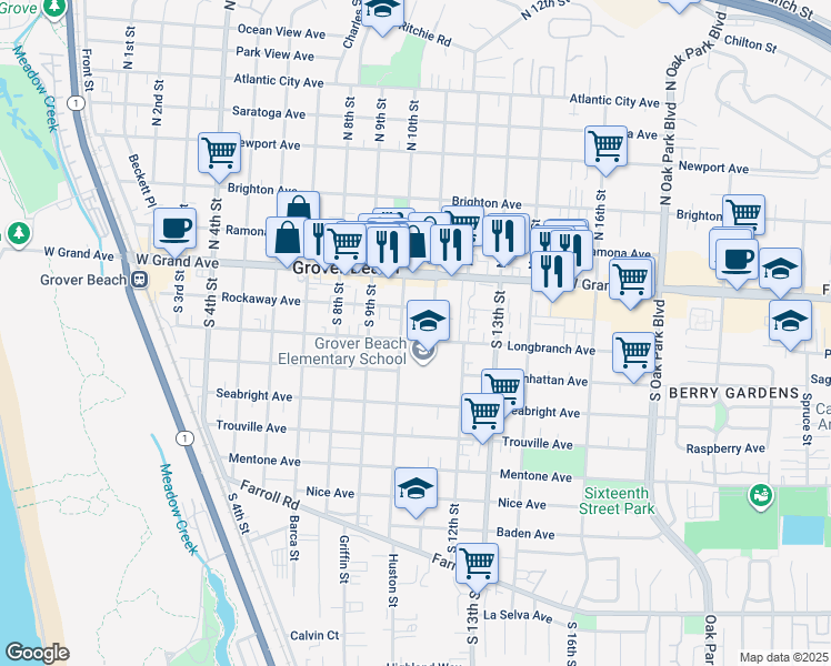 map of restaurants, bars, coffee shops, grocery stores, and more near 1049 Longbranch Avenue in Grover Beach