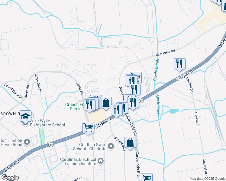 map of restaurants, bars, coffee shops, grocery stores, and more near 10800 Point South Drive in Charlotte