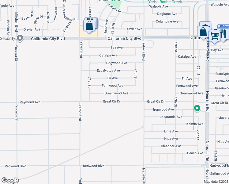 map of restaurants, bars, coffee shops, grocery stores, and more near Greenwood Avenue in California City