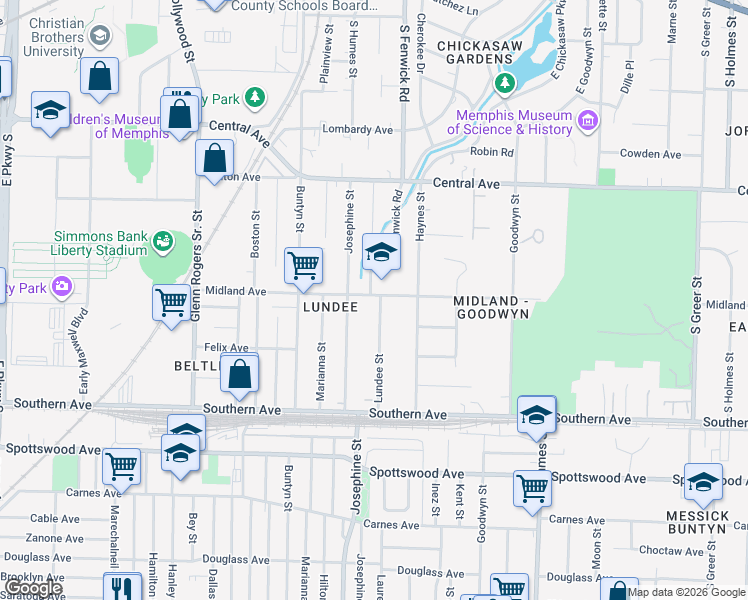 map of restaurants, bars, coffee shops, grocery stores, and more near 455 Lundee Street in Memphis