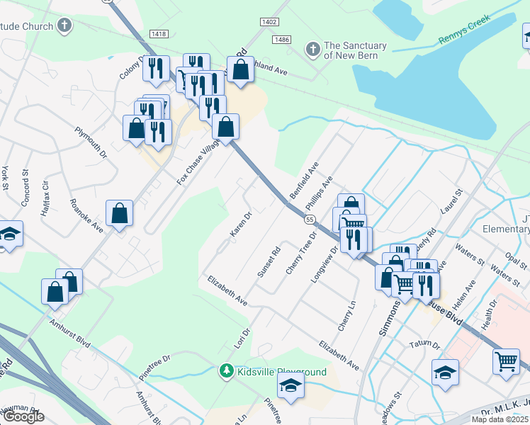 map of restaurants, bars, coffee shops, grocery stores, and more near 1207 Fulcher Lane in New Bern