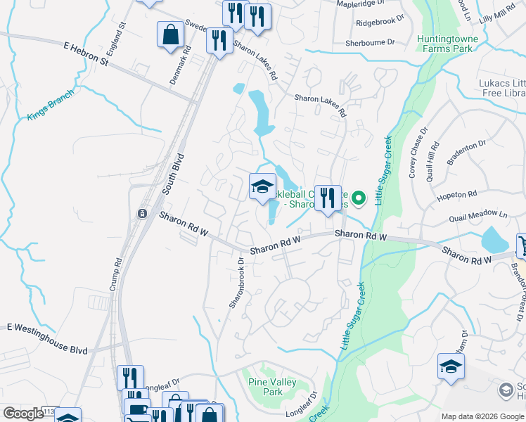 map of restaurants, bars, coffee shops, grocery stores, and more near 1715 Sharon Road West in Charlotte