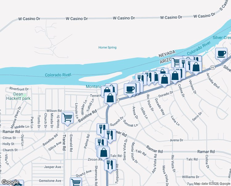 map of restaurants, bars, coffee shops, grocery stores, and more near 1436 Terrace Drive in Bullhead City