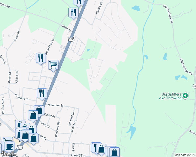 map of restaurants, bars, coffee shops, grocery stores, and more near 115 Cloverleaf Drive in Clover