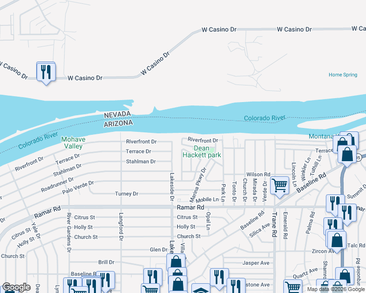 map of restaurants, bars, coffee shops, grocery stores, and more near 1032 Terrace Drive in Bullhead City