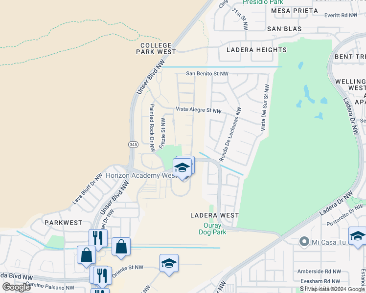 map of restaurants, bars, coffee shops, grocery stores, and more near 7716 Santa Catarina Court Northwest in Albuquerque