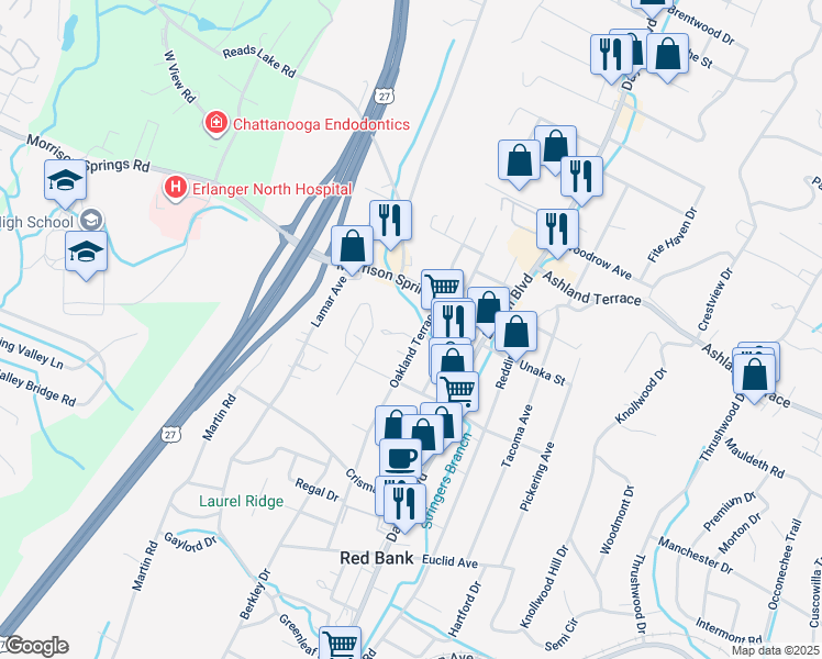 map of restaurants, bars, coffee shops, grocery stores, and more near 3905 Oakland Terrace in Chattanooga