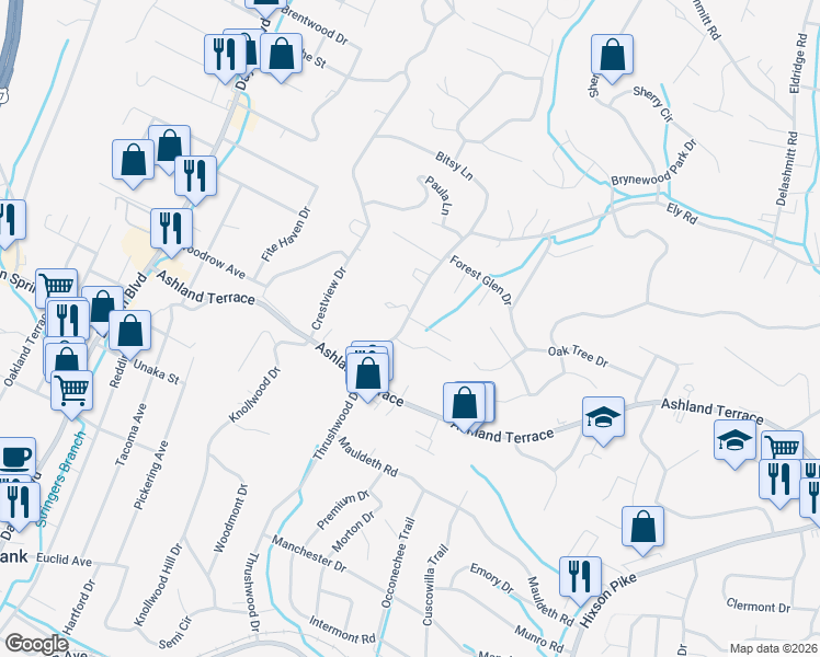 map of restaurants, bars, coffee shops, grocery stores, and more near 520 Ely Road in Chattanooga