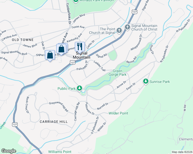 map of restaurants, bars, coffee shops, grocery stores, and more near 817 Ravine Rd in Signal Mountain