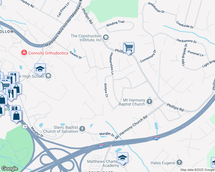 map of restaurants, bars, coffee shops, grocery stores, and more near 13440 Kintyre Court in Matthews