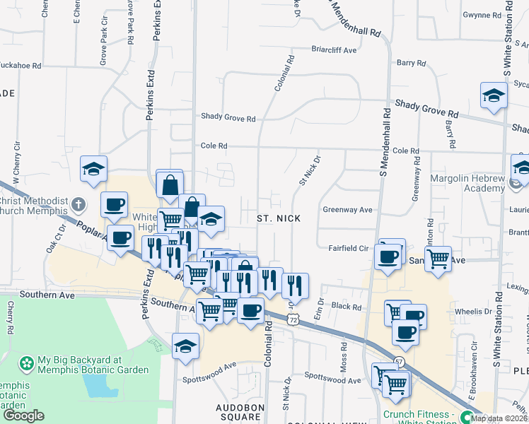 map of restaurants, bars, coffee shops, grocery stores, and more near 420 Colonial Road in Memphis