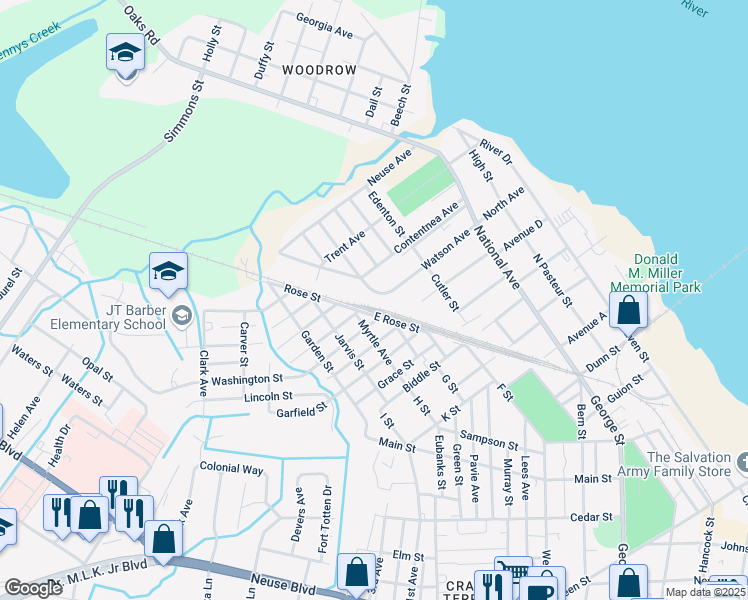 map of restaurants, bars, coffee shops, grocery stores, and more near 627 Watson Avenue in New Bern