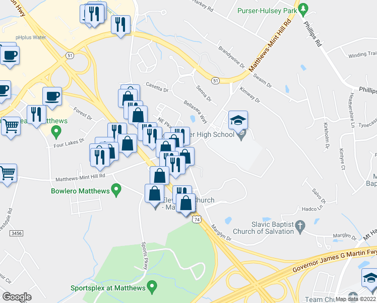 map of restaurants, bars, coffee shops, grocery stores, and more near 1705 Chambers Drive in Matthews