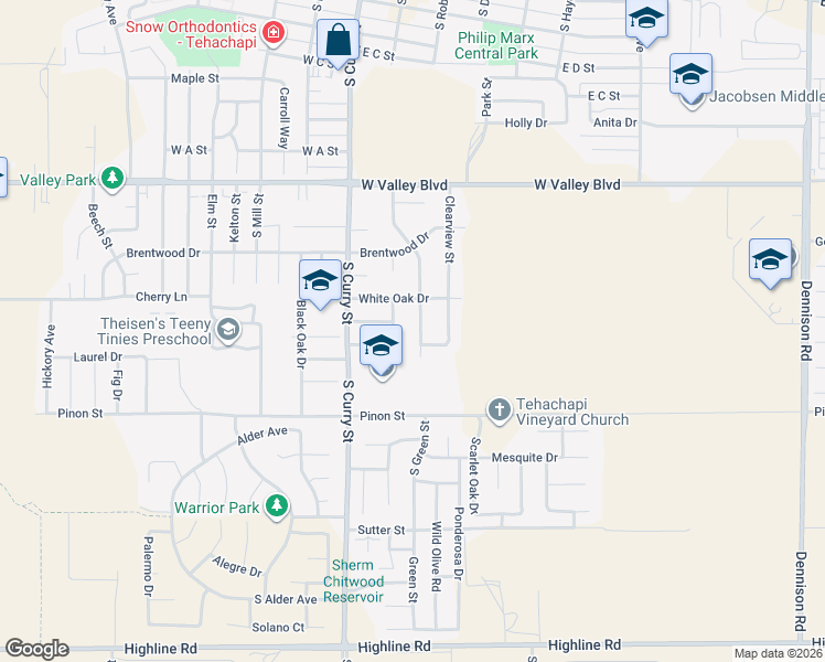 map of restaurants, bars, coffee shops, grocery stores, and more near 1021 Green Street in Tehachapi