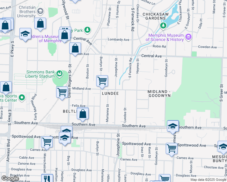 map of restaurants, bars, coffee shops, grocery stores, and more near 457 Josephine Street in Memphis