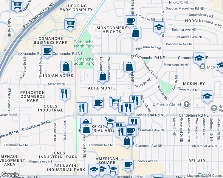 map of restaurants, bars, coffee shops, grocery stores, and more near 3300 Wellesley Court Northeast in Albuquerque