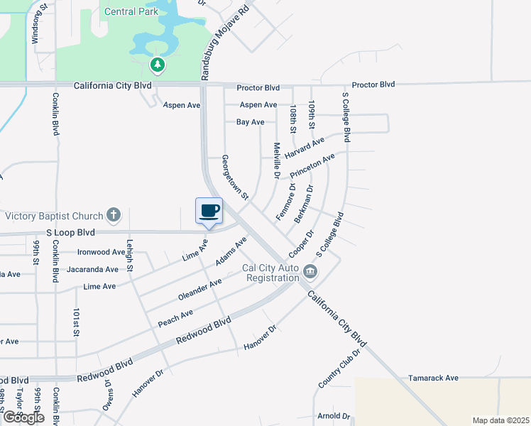 map of restaurants, bars, coffee shops, grocery stores, and more near Melville Drive in California City