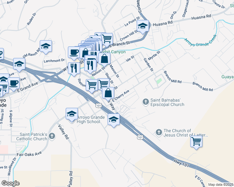 map of restaurants, bars, coffee shops, grocery stores, and more near 131 East Cherry Avenue in Arroyo Grande