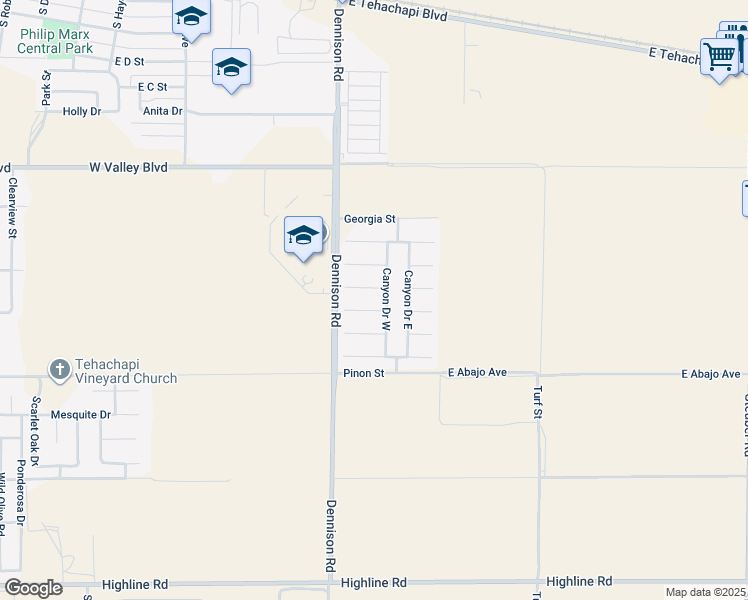 map of restaurants, bars, coffee shops, grocery stores, and more near 913 Michelle Lane in Tehachapi