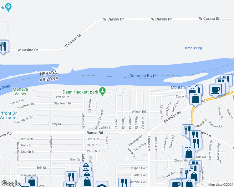 map of restaurants, bars, coffee shops, grocery stores, and more near 16 Marina Parkway Drive in Bullhead City