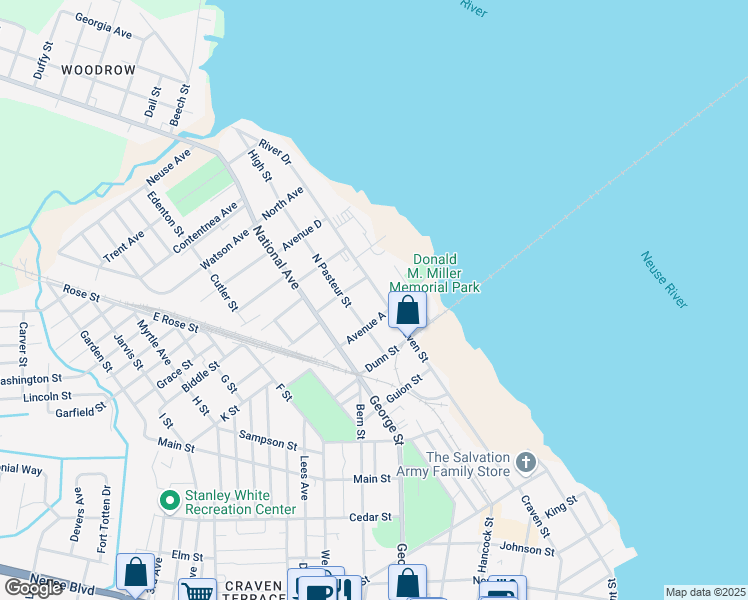 map of restaurants, bars, coffee shops, grocery stores, and more near 1210 North Pasteur Street in New Bern