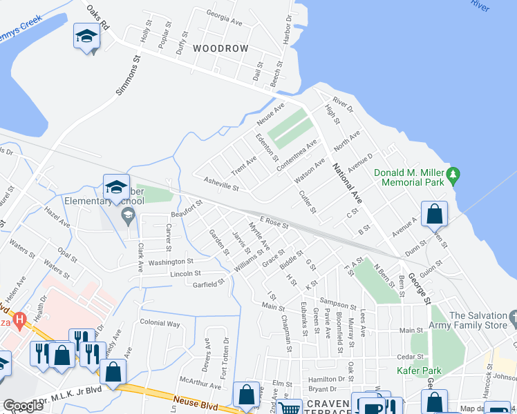map of restaurants, bars, coffee shops, grocery stores, and more near 627 Watson Avenue in New Bern