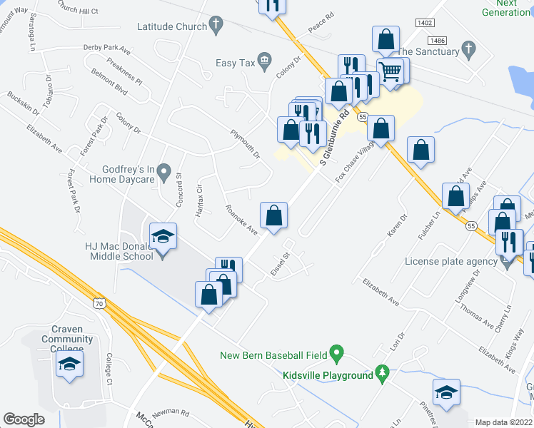map of restaurants, bars, coffee shops, grocery stores, and more near 1336 South Glenburnie Road in New Bern