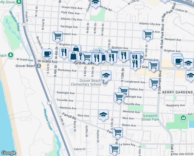 map of restaurants, bars, coffee shops, grocery stores, and more near 939 Longbranch Avenue in Grover Beach