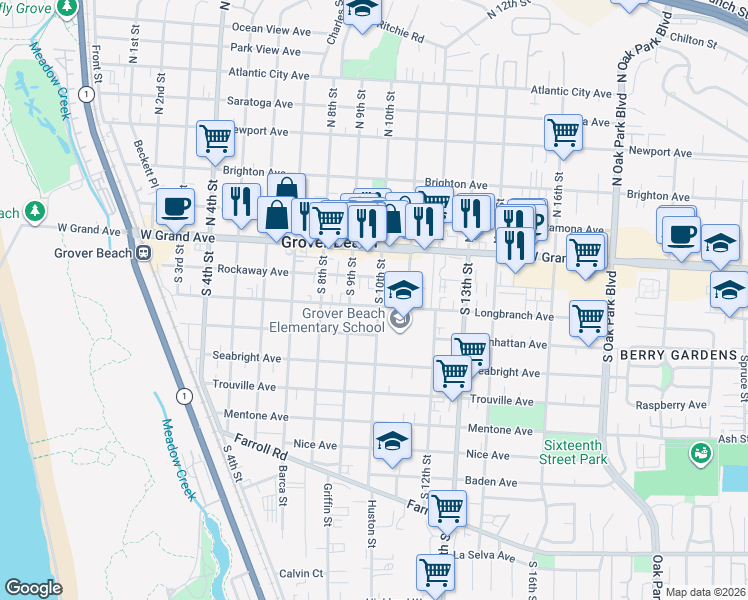 map of restaurants, bars, coffee shops, grocery stores, and more near in Grover Beach