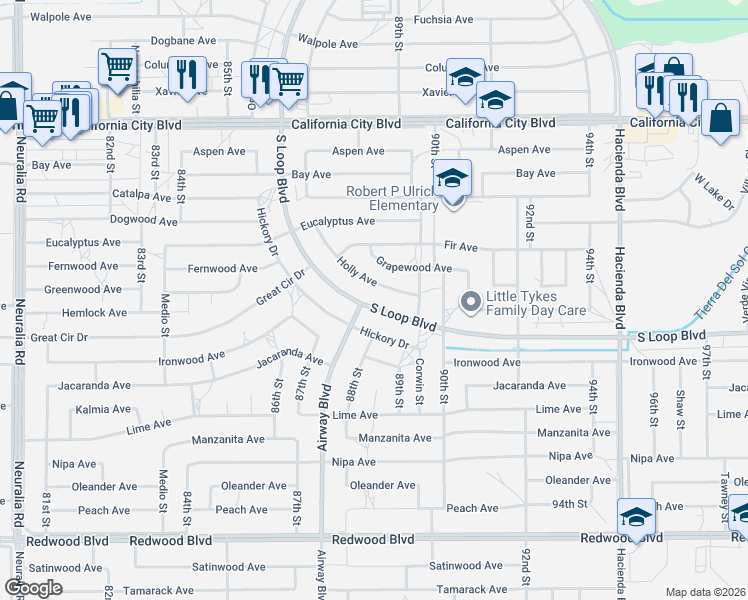 map of restaurants, bars, coffee shops, grocery stores, and more near 8825 South Loop Boulevard in California City