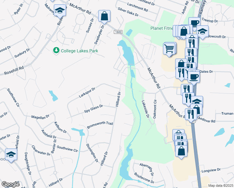 map of restaurants, bars, coffee shops, grocery stores, and more near 332 Hilliard Drive in Fayetteville