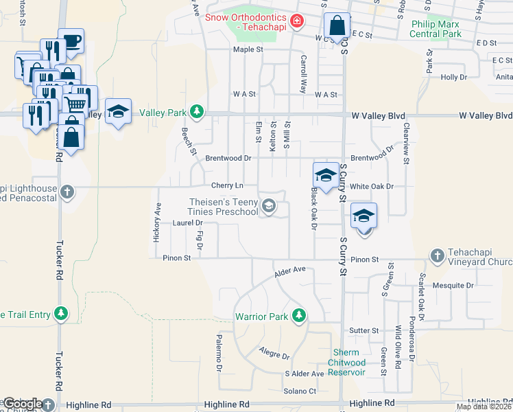 map of restaurants, bars, coffee shops, grocery stores, and more near 464 Sherwood Place in Tehachapi
