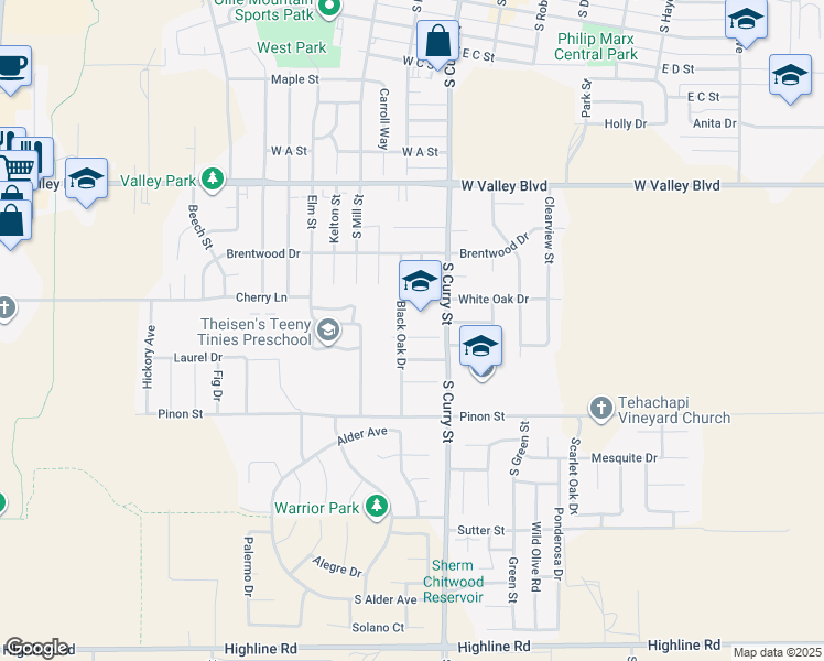 map of restaurants, bars, coffee shops, grocery stores, and more near 221 Bartlett Street in Tehachapi