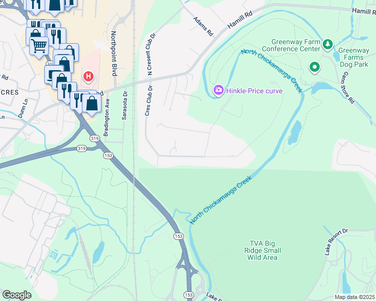 map of restaurants, bars, coffee shops, grocery stores, and more near 2409 Crescent Club Drive in Chattanooga