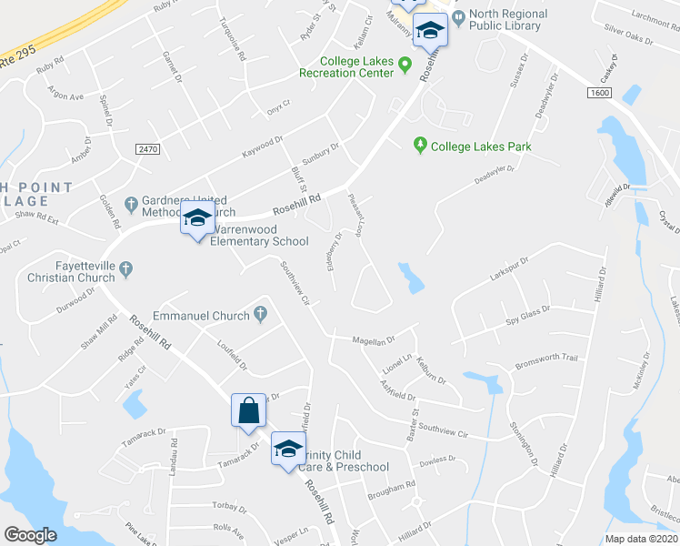 map of restaurants, bars, coffee shops, grocery stores, and more near 725 Elderberry Drive in Fayetteville