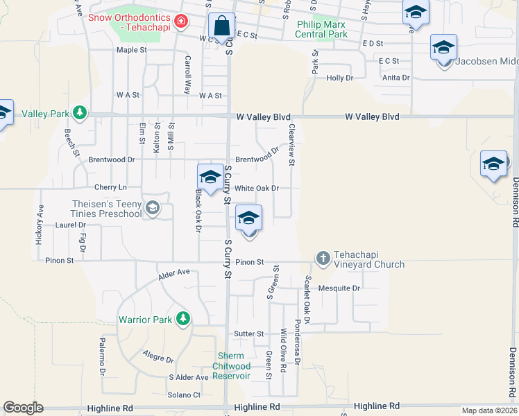 map of restaurants, bars, coffee shops, grocery stores, and more near 1021 Green Street in Tehachapi